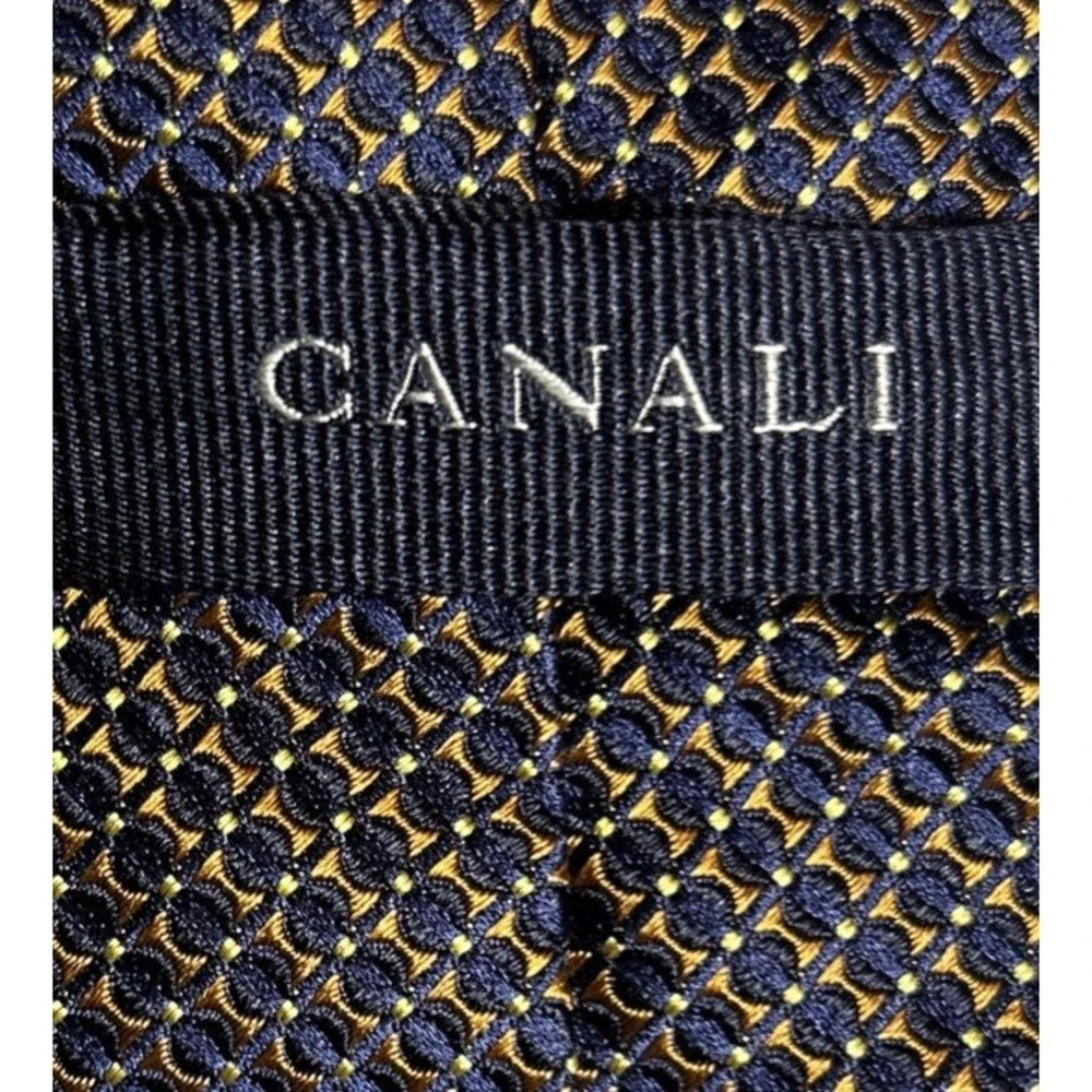 Canali‎ 100% Silk Necktie Blue Yellow Gold Geometric Pattern